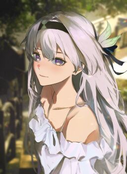 1girl absurdres bare_shoulders black_hairband blurry blurry_background blush closed_mouth fence firefly_(honkai:_star_rail) frilled_shirt frills grey_hair hair_between_eyes hair_intakes hair_ornament hair_ribbon hairband highres honkai:_star_rail honkai_(series) kumah_dessu multicolored_eyes ribbon shirt smile strap tree white_shirt