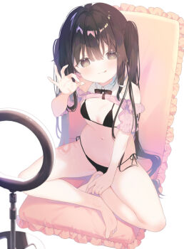 1girl :q bare_legs bare_shoulders barefoot bikini bikini_under_clothes black_hair blush breasts brown_eyes closed_mouth clothes_lift commentary_request frills hand_up long_hair looking_at_viewer navel off-shoulder_shirt off_shoulder ok_sign original pink_shirt puffy_short_sleeves puffy_sleeves shirt shirt_lift short_sleeves side-tie_bikini_bottom simple_background sitting small_breasts smile solo swimsuit tongue tongue_out twintails very_long_hair white_background yuizaki_kazuya