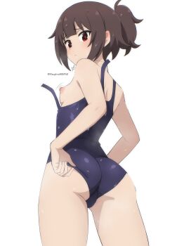 1girl :/ absurdres adjusting_clothes adjusting_swimsuit ass bare_arms bare_shoulders blue_one-piece_swimsuit blush breasts brown_hair closed_mouth commentary cowboy_shot from_behind furrowed_brow highres kagironsfw kono_subarashii_sekai_ni_shukufuku_wo! loli looking_at_viewer megumin motion_lines nipples one-piece_swimsuit paid_reward_available ponytail red_eyes short_ponytail simple_background small_breasts solo standing swimsuit twitter_username wardrobe_malfunction water_drop wet wet_clothes wet_hair wet_swimsuit white_background