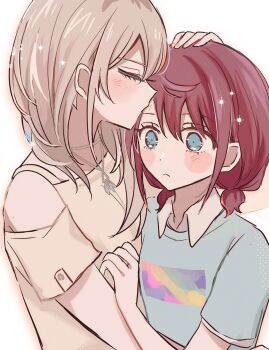 2girls absurdres blue_eyes blue_shirt blush brown_hair closed_eyes closed_mouth clothing_cutout commentary girls_band_cry grey_hair hamchan69 highres hug iseri_nina kawaragi_momoka kiss kissing_forehead low_twintails multicolored_hair multiple_girls roots_(hair) shirt short_hair short_sleeves short_twintails shoulder_cutout twintails yuri