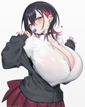 1girl absurdres black_hair breasts candy cleavage collarbone colored_inner_hair commentary_request food food_in_mouth hair_between_eyes highres holding holding_candy holding_food holding_lollipop huge_breasts hz_(666v) kobeni-chan_(hz_(666v)) large_breasts lollipop lollipop_in_mouth looking_at_viewer mole mole_on_collarbone multicolored_hair original red_eyes red_hair school_uniform shirt short_hair simple_background smile solo two-tone_hair upper_body white_background wolf_cut