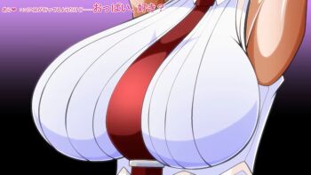 1girl breasts curvy female_focus huge_breasts japanese_text kaiman82 pale_skin pov shirt the_king_of_fighters vanessa_(kof) white_shirt