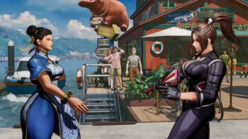 2girls 3d akiman_pose animated black_hair breast_press brown_eyes brown_hair capcom chun-li crossover earrings fatal_fury fatal_fury:_city_of_the_wolves hair_bun highres jewelry looking_at_another multiple_girls outdoors ponytail shiranui_mai street_fighter street_fighter_6 symmetrical_docking tagme video