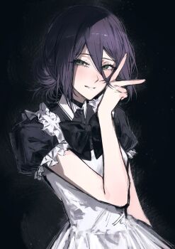 1girl alternate_costume apron black_background black_bow black_choker black_dress bow chainsaw_man choker dress enmaided green_eyes hair_between_eyes hair_bun highres maid moku_(muooku) purple_hair reze_(chainsaw_man) solo v white_apron