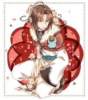 2boys ahoge brown_hair character_request chibi full_body haku_(utawarerumono) highres inset_border lalatia-meai long_sleeves male_focus monkey multiple_boys open_mouth short_hair simple_background squatting sweatdrop translation_request utawarerumono utawarerumono:_itsuwari_no_kamen white_background