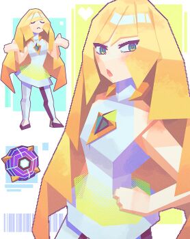1girl andrich_galam beast_ball blonde_hair blush commentary dress english_commentary faux_3d green_eyes hand_on_own_hip highres long_hair looking_at_viewer low_poly lusamine_(pokemon) nintendo open_mouth pants poke_ball pokemon pokemon_sun_and_moon shrugging sleeveless sleeveless_dress solo very_long_hair white_dress white_pants