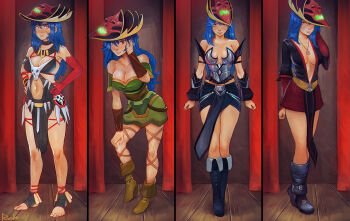 1girl absurdres bare_shoulders barefoot belt bikini blue_boots blue_hair bone boots breasts brown_belt brown_bikini brown_boots brown_choker choker cleavage clothing_cutout commentary commission corset curtains dang_(runescape) dress duellist's_cap_(tier_6) english_commentary full_body glowing_hat green_dress hair_between_eyes hand_on_own_knee hands_on_own_hips hat highres jewelry long_hair looking_at_viewer medallion medium_breasts multiple_views navel necklace necromancer official_alternate_costume old_school_runescape orange_eyes original rawrden red_skirt red_trim runescape second-party_source simple_background skirt skull_ornament smile standing stomach_cutout swimsuit thick_eyebrows wooden_floor yellow_eyes