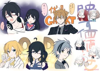 Rule 34 | 5boys, 5girls, :3, :d, ;o, absurdres, ahoge, akabane youko, akabane youko (1st costume), bare shoulders, between fingers, black bow, black hair, black jacket, black necktie, blank eyes, blonde hair, blue gloves, blue jacket, bow, bowtie, brown-tinted eyewear, brown hair, cardigan, chibi, closed eyes, closed mouth, collared shirt, cropped torso, dress shirt, elf, elu (1st costume) (nijisanji), elu (nijisanji), fairy wings, fang, formal clothes, fushimi gaku, gloves, green eyes, green wings, grey eyes, grey hair, grey jacket, grey shirt, hair between eyes, hair bow, hair ornament, hairclip, hand up, headphones, headphones around neck, highres, higuchi kaede, higuchi kaede (1st costume), holding, hood, hood down, hooded jacket, izumo kasumi (nijisanji), jacket, kanae (1st costume) (nijisanji), kanae (nijisanji), long hair, mole, mole under mouth, multicolored hair, multiple boys, multiple girls, necktie, nijisanji, ninahachi, one eye closed, open mouth, parted lips, pink bow, pink bowtie, pink cardigan, pinstripe jacket, pinstripe pattern, pointy ears, ponytail, red shirt, shirt, sleeveless, sleeveless jacket, smile, streaked hair, suit, sunglasses, suzuki masaru, sweat, tinted eyewear, translation request, tsukino mito, tsukino mito (1st costume), turn pale, twitter username, uzuki kou, very long hair, virtual youtuber, white bow, white jacket, white shirt, wings, yumeoi kakeru, yumeoi kakeru (1st costume)