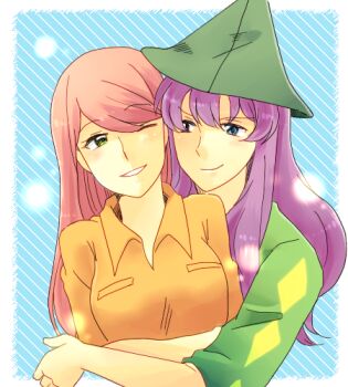 blue_eyes hagino_aki harley_(pokemon) hat hug hug_from_behind long_hair lowres nintendo pink_hair pokemon pokemon_(anime) pokemon_rse_(anime) purple_hair smile solidad_(pokemon) teeth