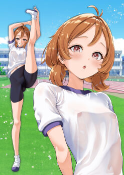 1girl absurdres ahoge ankle_socks black_shorts blue_sky breasts cloud commentary_request day full_body gluteal_fold gym_shirt highres knees legs looking_at_viewer multiple_views oikawa_tooru orange_hair original racetrack red_eyes shirt shoes shorts sky small_breasts socks split standing standing_on_one_leg standing_split swept_bangs uwabaki wet wet_clothes wet_shirt white_shirt white_shoes white_socks