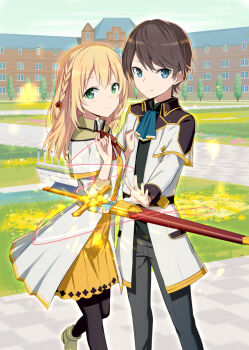 1boy 1girl black_pants black_pantyhose black_shirt blue_eyes blue_neckwear blue_sky blush boots bow braid brown_footwear brown_hair building closed_mouth cloud commentary_request copyright_request day dress flower gotyou green_eyes hair_between_eyes hair_bow hand_on_another&#039;s_chest hand_up jacket long_hair long_sleeves looking_at_viewer official_art outdoors pants pantyhose pleated_dress red_bow sheath sheathed shirt side_braid single_braid sky smile standing standing_on_one_leg string string_around_finger string_of_fate sword textless_version weapon white_jacket yellow_dress yellow_flower