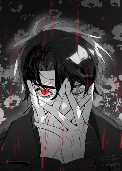 1boy black_coat black_hair blood blood_on_face coat commentary covering_own_face english_commentary field flower flower_field glowing glowing_eye hair_between_eyes highres looking_at_viewer male_focus multiple_scars omniscient_reader&#039;s_viewpoint one_eye_closed open_clothes open_coat outdoors partially_colored raining_blood red_eyes scar scar_across_eye scar_on_face scar_on_hand short_hair solo twle upper_body yoo_joonghyuk