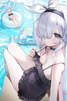 2girls absurdres arona_(blue_archive) bare_arms bare_shoulders bikini black_bikini black_choker black_hairband black_one-piece_swimsuit blue_archive blue_eyes blue_hair blush bow_hairband braid breasts choker closed_mouth clothes_pull colored_inner_hair grey_eyes grey_hair hair_ribbon hairband highres long_hair looking_at_viewer minojko112 multicolored_hair multiple_girls nipples one-piece_swimsuit one-piece_swimsuit_pull open_mouth pink_hair plana_(blue_archive) ribbon sandals sidelocks single_braid small_breasts swimsuit two-tone_hair waving white_hairband white_ribbon