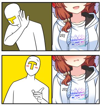 1boy 1girl absurdres alternate_costume bails blush breasts chart collarbone commentary_request embarrassed hair_ornament head_out_of_frame highres horse_girl long_hair looking_at_viewer medium_breasts meme open_mouth small_breasts still_in_love_(umamusume) sweat trainer_(umamusume) umamusume veil white_background