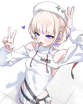 1girl :d absurdres arm_up beret blonde_hair breasts clothing_cutout drawstring gurumie hand_up hat highres hololive hololive_dev_is leotard leotard_under_clothes long_sleeves miniskirt multicolored_hair nail_polish official_alternate_costume open_mouth pleated_skirt purple_eyes purple_hair purple_nails short_hair shoulder_cutout shrug_(clothing) simple_background skirt small_breasts smile solo streaked_hair todoroki_hajime todoroki_hajime_(regloss_uniform) two-tone_hair two_side_up v virtual_youtuber white_background white_hat white_leotard white_shrug white_skirt