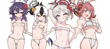 4girls :q absurdres arm_behind_head armpits aru_(blue_archive) bikini black_hair black_horns blue_archive breasts closed_mouth demon_horns double_bun eyepatch_bikini flower grey_hair grey_halo hair_bun hair_flower hair_ornament halo haruka_(blue_archive) highres horns kayoko_(blue_archive) large_breasts long_hair looking_at_viewer mago_cats multicolored_hair multiple_girls mutsuki_(blue_archive) navel open_mouth pink_hair purple_eyes purple_hair purple_halo red_eyes red_flower red_halo simple_background small_breasts smile stomach swimsuit tongue tongue_out two-tone_hair white_background white_bikini white_hair yellow_eyes