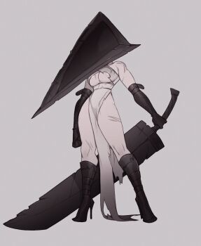 1girl black_shoes boots breasts elbow_gloves full_body genderswap genderswap_(mtf) gloves great_knife helmet high_heel_boots high_heels highres holding holding_weapon object_head punipaws pyramid_(structure) pyramid_head shoes silent_hill_(series) silent_hill_2 simple_background solo sword weapon