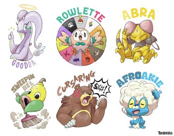 Rule 34 | abra, afro, among us, anger vein, artist name, bear, bra, broom, comb, elcajarito, english text, eyelashes, fangs, froakie, gen 1 pokemon, gen 2 pokemon, gen 6 pokemon, gen 7 pokemon, goodra, halo, highres, nintendo, no humans, poke ball, pokemon, pokemon (creature), pun, roulette, rowlet, simple background, skull, speech bubble, sweat, thumbs up, underwear, ursaring, weepinbell, white background, white hair