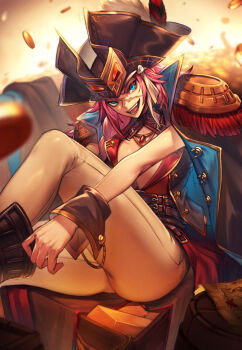 Rule 34 | 1girl, armor, blue eyes, breasts, center opening, coin, commentary request, epaulettes, fate/grand order, fate (series), francis drake (fate), francis drake (third ascension) (fate), gold coin, hat, highres, large breasts, long hair, looking at viewer, open mouth, pants, pink hair, pirate hat, relayrl, scar, scar on face, shoulder armor, sitting, smile, solo, treasure map, white pants