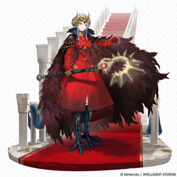 1girl absurdres axe aymr_(fire_emblem) bird_girl commentary dress edelgard_von_hresvelg edelgard_von_hresvelg_(hegemon) english_commentary feather-trimmed_dress feather_cape fire_emblem fire_emblem:_three_houses fire_emblem_shadows full_body gold_tiara highres looking_at_viewer nintendo official_alternate_costume official_art purple_eyes red_dress short_hair_with_long_locks solo standing tiara white_hair winged_hair_ornament