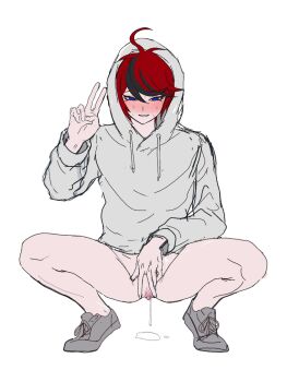 1boy ahoge black_hair blue_eyes blush clitoral_hood clitoris crouching cuntboy drawstring fingernails full_body grey_hoodie grey_shoes hand_up highres hood hood_up hoodie looking_at_viewer male_focus messy_hair multicolored_hair pussy pussy_juice pussy_juice_drip pussy_juice_puddle red_hair shoes simple_background spread_pussy sumino_takumi sweat sweatdrop the_hundred_line_-last_defense_academy- v white_background
