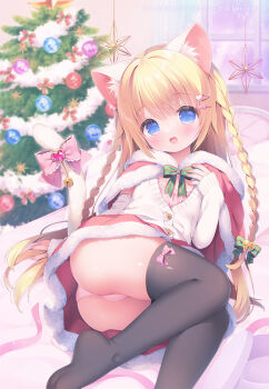 1girl :d animal_ear_fluff animal_ears ass bell black_thighhighs blonde_hair blue_eyes blurry blurry_background bow bow_hair_ornament braid capelet cat_ears cat_girl cat_tail christmas christmas_ornaments christmas_tree commentary_request depth_of_field feet_out_of_frame female_focus fur-trimmed_capelet fur-trimmed_skirt fur_trim green_bow hair_bell hair_between_eyes hair_bow hair_ornament hairclip hand_up heart heart_hair_ornament indoors jacket jingle_bell loli long_hair long_sleeves looking_at_viewer lying no_shoes on_side open_mouth original panties pink_bow pink_panties red_capelet red_skirt skirt sleeves_past_wrists smile solo striped_bow tail tail_bell tail_bow tail_ornament thighhighs twin_braids underwear usashiro_mani very_long_hair white_jacket