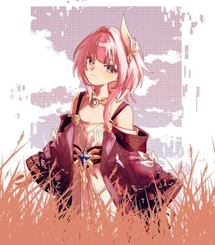 1girl arms_at_sides blue_eyes closed_mouth coat cyrene_(aedes_elysiae)_(honkai:_star_rail) cyrene_(honkai:_star_rail) diamond-shaped_pupils diamond_(shape) dress gem gold_necklace hair_intakes hair_ornament head_tilt highres hmuttm honkai:_star_rail honkai_(series) jewelry long_sleeves looking_at_viewer medium_hair necklace open_clothes open_coat pink_coat pink_hair sidelocks smile solo symbol-shaped_pupils wheat_field white_dress