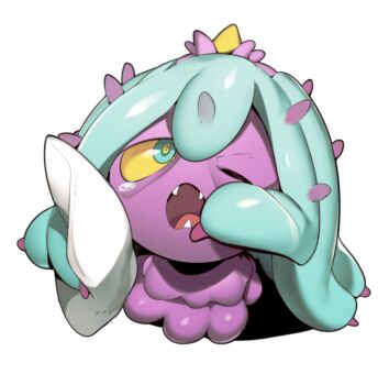 1other alternate_color aqua_eyes bad_id bad_pixiv_id colored_sclera fangs from_above gen_7_pokemon holding holding_pillow looking_up mareanie nintendo no_humans one_eye_closed open_mouth pillow pokemon pokemon_(creature) shiny_pokemon simple_background sleepy solo tearing_up tentacle_hair tongue white_background yellow_sclera yuuyuu_(yuuki1771)
