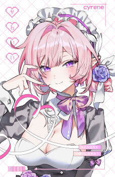 1girl absurdres alternate_costume black_dress breasts character_name cleavage commentary_request cyrene_(honkai:_star_rail) cyrene_(ripples_of_past_reverie)_(honkai:_star_rail) diamond-shaped_pupils diamond_(shape) dress half-heart_hands highres honkai:_star_rail honkai_(series) large_breasts long_hair looking_at_viewer maid maid_headdress multicolored_hair pink_hair pointy_ears purple_eyes q_(llll4414_j) short_hair solo symbol-shaped_pupils two-tone_hair white_hair