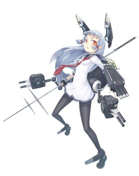 1girl ayaki boots breasts covered_navel dress fingerless_gloves full_body game_cg gloves grey_hair headgear highres kantai_collection long_hair looking_at_viewer murakumo_(kancolle) necktie official_art open_mouth orange_eyes pantyhose polearm red_necktie rigging sailor_dress school_uniform sidelocks simple_background small_breasts solo spear thighband_pantyhose third-party_source transparent_background weapon