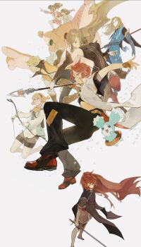 3girls 5boys anise_tatlin arrow_(projectile) asch_(tales) ascot bare_shoulders black_hair black_pants blonde_hair blue_eyes blue_gloves blue_jacket boots bow_(weapon) breasts brown_dress brown_eyes brown_gloves brown_hair choker closed_mouth commentary_request creature detached_sleeves dress elbow_gloves fingerless_gloves floating_hair full_body garter_straps glasses gloves green_eyes grey_boots grey_gloves guy_cecil hairband highres holding holding_arrow holding_bow_(weapon) holding_polearm holding_sword holding_weapon ico_(ico_ma2501) ion_(tales) jacket jade_curtiss jumping long_hair luke_fon_fabre medium_breasts mieu_(tales) multiple_boys multiple_girls natalia_luzu_kimlasca_lanvaldear open_mouth orange_vest outstretched_arm pants pink_dress pointing pointing_forward polearm popped_collar red_hair red_thighhighs shirt short_hair short_sleeves shoulder_pads signature simple_background sleeveless sleeveless_dress smile sword tabard tales_of_(series) tales_of_the_abyss tear_grants thighhighs tokunaga_(tales) twintails vest weapon white_boots white_gloves white_jacket white_shirt yellow_ascot