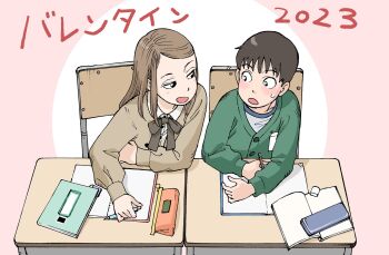 2others arashiyama_takeru black_hair blush book brown_hair happy_valentine highres isezaki_eri ishiguro_masakazu long_hair multiple_others pencil ribbon short_hair simple_background soredemo_machi_wa_mawatteiru table