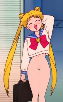 1girl bishoujo_senshi_sailor_moon blonde_hair blush bottomless closed_eyes holding long_hair navel nude_filter open_mouth pussy sailor_moon scratching_head standing suitcase third-party_edit tsukino_usagi twintails
