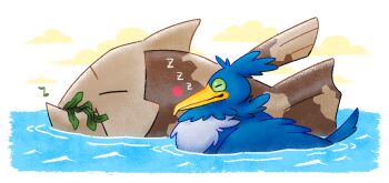 beak bird closed_eyes commentary cramorant english_commentary fish gen_3_pokemon gen_8_pokemon gotchibam green_eyes nintendo no_humans pokemon pokemon_(creature) relicanth sleeping water zzz