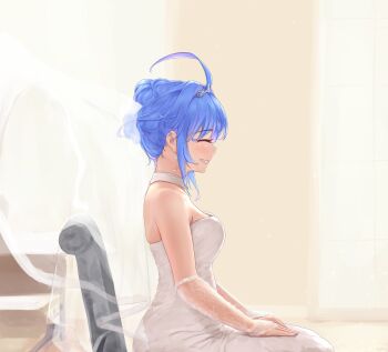 1girl absurdres ahoge alternate_costume alternate_hairstyle art_study azur_lane blue_hair breasts bridal_gauntlets bridal_veil chair closed_eyes commentary dress earrings english_commentary gloves helena_(azur_lane) highres huge_ahoge jewelry kyl490 medium_breasts on_chair photo-referenced see-through_clothes see-through_gloves sitting smile solo veil voice_actor_connection wedding_dress white_dress