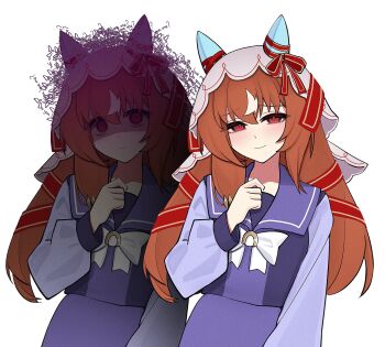 1girl animal_ears blush bow brown_hair closed_mouth hair_between_eyes highres horse_ears horse_girl long_hair looking_at_viewer purple_sailor_collar purple_shirt purple_skirt red_eyes sailor_collar school_uniform shaded_face shirt sidelocks silenzuka skirt smile staring still_in_love_(umamusume) tracen_school_uniform umamusume veil white_bow white_veil yandere