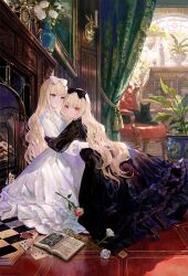 Rule 34 | 2girls, analog clock, armchair, black bow, black dress, black hairband, blonde hair, blue eyes, blunt bangs, book, bow, candle, candlestand, card, cat, chair, clock, cup, curly hair, curtains, desk, dress, fireplace, flower, fuzichoco, gothic lolita, hairband, highres, hug, lolita fashion, long hair, multiple girls, open book, orange eyes, original, picture frame, plant, playing card, pocket watch, portrait (object), potted plant, red flower, red rose, rose, siblings, teacup, tile floor, tiles, twins, watch, watermark, white bow, white dress, white flower, white rose, window