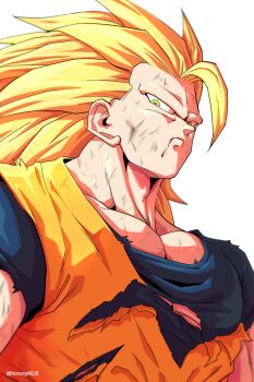 1boy absurdres battle_damage blue_shirt dougi dragon_ball dragonball_z green_eyes highres horang4628 long_hair male_focus muscular muscular_male no_eyebrows orange_shirt shirt simple_background solo son_goku spiked_hair torn_clothes torn_shirt upper_body white_background