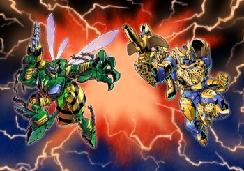 2boys antennae beast_wars beast_wars:_transformers cheetah cheetor clenched_hand commentary_request glowing glowing_eyes grin gun happy insect_wings insignia lightning looking_at_viewer machine machinery maximal mecha multiple_boys no_humans open_hand open_mouth photo-referenced predacon purple_eyes rivalry rivalry robot science_fiction smile transformers waspinator weapon wings yasukuni_kazumasa
