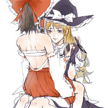 2girls aihara-rina animal_collar apron black_gloves blonde_hair blush bow brown_hair chain chest_sarashi chinese_commentary closed_mouth collar commentary_request detached_sleeves facing_away frilled_bow frilled_hair_tubes frills from_behind gloves hair_bow hair_tubes hakurei_reimu hand_on_another's_shoulder hat hat_bow highres holding holding_chain kirisame_marisa long_hair looking_at_viewer multiple_girls partially_fingerless_gloves red_bow red_skirt ribbon-trimmed_sleeves ribbon_trim sarashi simple_background sitting sitting_on_lap sitting_on_person sketch skirt smile touhou very_long_hair waist_apron white_apron white_background white_bow witch_hat yuri