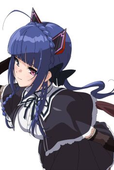 Rule 34 | 1girl, ahoge, animal ears, arm at side, arm up, assault lily, black capelet, black skirt, blue eyes, blue hair, blunt bangs, braid, breasts, capelet, cat ears, closed mouth, commentary, cowboy shot, crown braid, detached sleeves, fake animal ears, heterochromia, light blush, light smile, long hair, long sleeves, looking at viewer, low ponytail, mechanical ears, medium breasts, mototenn, neck ribbon, pink eyes, pleated skirt, ponytail, ribbon, school uniform, shirt, side braids, sideways glance, simple background, skirt, solo, standing, tetsukawa toa, white background, white shirt, yurigaoka girls academy school uniform