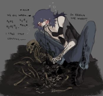 1girl black_bra black_jacket black_shoes blush bone bra cannibalism corpse death dirt eating english_text grave guro highres jacket jejejunum jejenum_(jejejunum) maggot moon mud original ponytail purple_hair rotting shoes skeleton sketch skull underwear