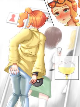 3girls apotea ass ass_grab black-framed_eyewear blue_pants blurry blurry_background blush breath coat dutch_angle ear_blush embarrassed empty_eyes eyewear_on_head female_focus from_behind glasses green_eyes hair_ornament hair_tie heart heart_hair_ornament highres indoors knees_together_feet_apart long_hair long_sleeves multiple_girls multiple_views nintendo nose_blush open_mouth orange_hair pants peeing peeing_self pokemon pokemon_swsh queue side_ponytail sign solo_focus sonia_(pokemon) standing sweat textless_version urine_meter watch wet wet_clothes wristwatch yellow_coat