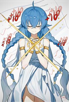 1girl absurdres ahoge armlet bare_arms blue_hair bracelet braid casting_spell chain chain_necklace chinese_commentary closed_eyes commentary cowboy_shot crossed_bangs dated dress gold_armlet gold_bracelet hair_between_eyes hair_horns highres jewelry long_hair low_twintails magic mushoku_tensei necklace own_hands_clasped own_hands_together paper roxy_migurdia sash shoulder_blush signature sleeveless sleeveless_dress solo straight-on twin_braids twintails very_long_hair white_dress yisjhui