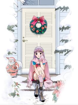 1girl asamiya_athena christmas door female_focus gloves hairband long_hair outdoors pale_skin purple_hair shoes skirt smile smiley_face snow star_(symbol) the_king_of_fighters thighs