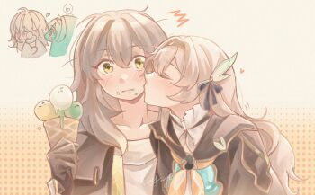 2girls black_gloves black_hairband black_jacket black_shirt blush chinese_commentary closed_mouth commentary_request firefly_(honkai:_star_rail) gloves grey_eyes grey_hair hairband highres holding holding_ice_cream_cone honkai:_star_rail honkai_(series) ice_cream_cone jacket kiss kissing_cheek long_hair multiple_girls shirt stelle_(honkai:_star_rail) trailblazer_(honkai:_star_rail) upper_body white_shirt yellow_eyes yoyoray20001996 yuri