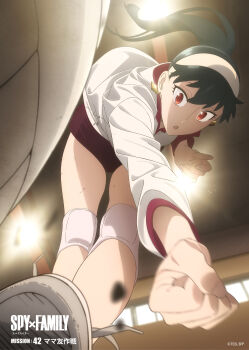 :o absurdres black_hair blurry buruma ceiling ceiling_light clenched_hand depth_of_field earrings gym hairband highres indoors jewelry key_visual knee_pads long_sleeves official_art open_mouth ponytail promotional_art red_buruma red_eyes shirt shoes spy_x_family volleyball white_hairband white_shirt white_shoes yor_briar