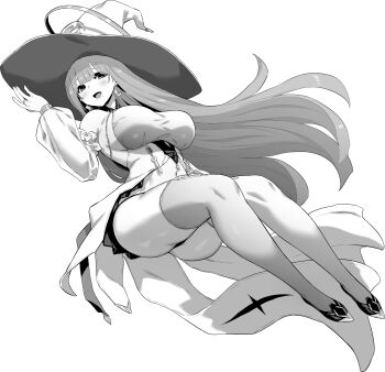 1girl ass azur_lane azur_lane:_slow_ahead black_shoes breasts crescent crescent_earrings detached_sleeves earrings greyscale guichen_(azur_lane) hand_up hat highres hori_(hori_no_su) jewelry large_breasts large_hat long_hair midriff mole mole_under_mouth monochrome navel open_mouth shoes simple_background solo star_(symbol) star_earrings stomach thighhighs very_long_hair white_background white_thighhighs witch_hat