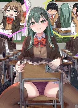 2girls 3boys aqua_eyes aqua_hair blue_eyes brown_cardigan brown_hair brown_jacket brown_skirt cardigan frilled_skirt frills hair_ornament hairpin highres jacket kantai_collection kneehighs kumano_(kancolle) kumano_kai_ni_(kancolle) kuroame_(kurinohana) long_hair miniskirt multiple_boys multiple_girls panties pleated_skirt ponytail purple_panties red_ribbon ribbon school_uniform sitting sitting_backwards skirt socks spread_legs suzuya_(kancolle) suzuya_kai_ni_(kancolle) underwear