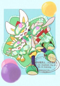 3others animal_ears balloon blue_background blue_border border bow bowtie character_watermark cinderace cinderace_(bedtime) cinderace_(cosplay) closed_eyes cosplay crescent crescent_moon crescent_pin gen_8_pokemon gokuaku_rabbit green_bow green_bowtie green_pajamas green_pillow green_ribbon green_shoes hand_on_another&#039;s_stomach head_on_another&#039;s_shoulder highres leg_on_another&#039;s_leg lying moon multiple_others nintendo no_humans on_back on_pillow open_mouth outside_border pajamas pillow pink_star pokemon pokemon_(creature) pokemon_focus pokemon_unite rabbit rabbit_ears raboot ribbon scorbunny shadow shoes sleeping star-shaped_pillow star_(symbol) stuffed_animal stuffed_toy twitter_username watermark yellow_star